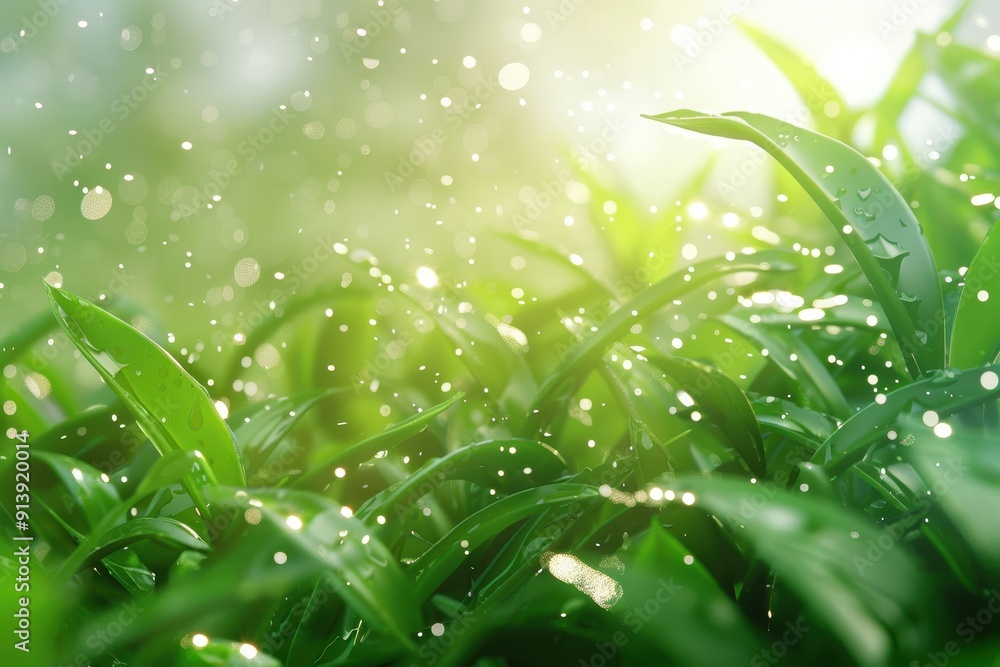 Poster a field of grass with raindrops on it