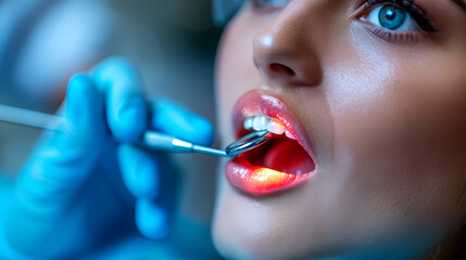 Close-up of a female patient having her teeth examined by a dentist