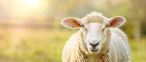 Obraz premium Sunlit sheep gazing directly with gentle eyes, set against a background of soft, green pasture under a warm, inviting light.