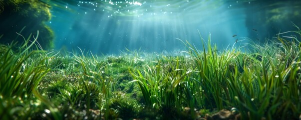 Fototapeta premium Serene underwater grassy meadow teeming with life, 4K hyperrealistic photo
