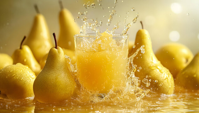 Fresh pear juice splashing in a glass surrounded by ripe pears, creating a vibrant and refreshing scene.