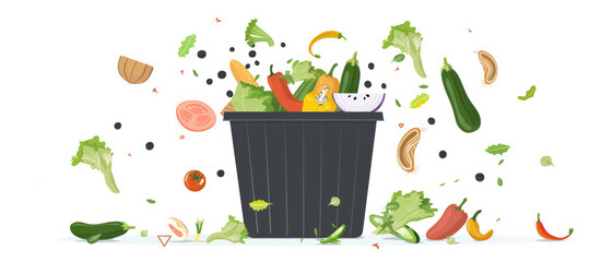 A food waste bin surrounded by scattered vegetables, illustrating the issue of food wastage.