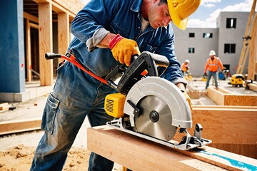 A construction worker using a power saw at a building site