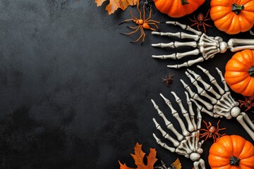 Halloween scary decorations concept. Top panoramic view photo of skeleton hands pumpkins eyes centipedes and spiders on isolated black background with copy-space with generative ai