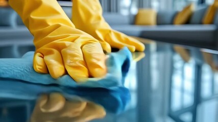 Professional cleaner wiping a glass surface with yellow gloves, perfect for cleaning service advertisements, household hygiene themes, and maintenance concept
