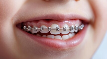 very detailed photo braces on little boy perfect white teeth