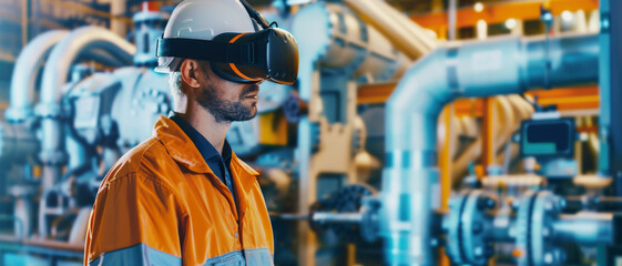 A man in industrial safety gear and virtual reality headset is immersed in a high-tech factory environment.
