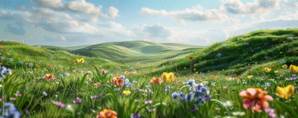 Wall mural Rolling hills with vibrant wildflowers, 4K hyperrealistic photo