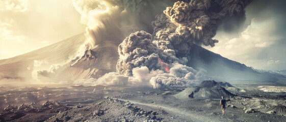 A dramatic volcanic eruption with immense ash clouds and streams of lava. A solitary figure stands in the foreground, underscoring the power and scale of nature.