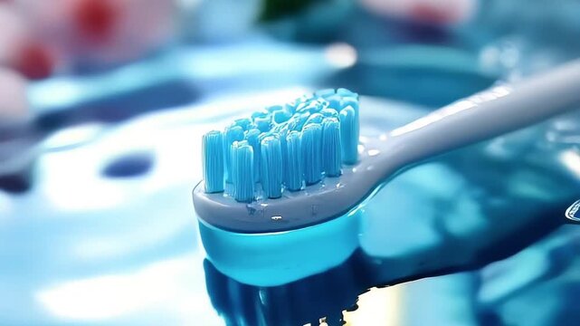 Toothpaste and toothbrush on the water surface. Oral hygiene and teeth brushing process