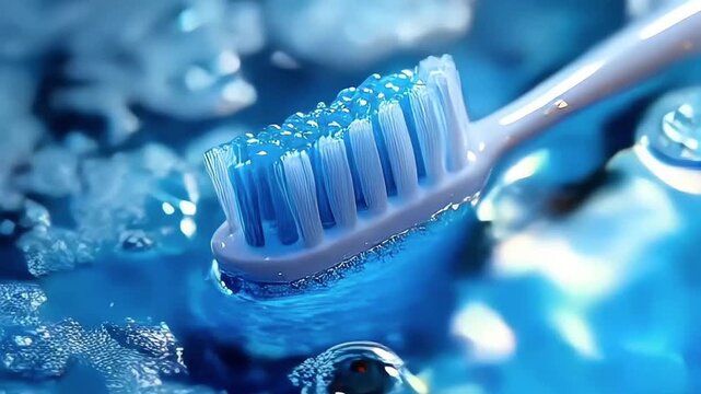 Toothpaste and toothbrush on the water surface. Oral hygiene and teeth brushing process