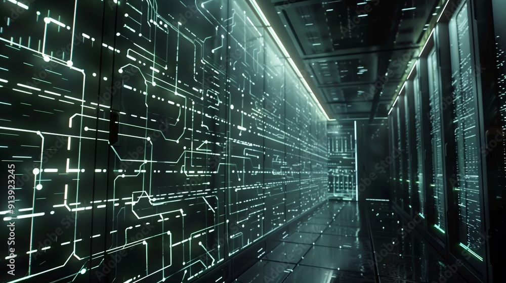 Poster intricate circuit patterns illuminate a high-tech corridor in a modern data center