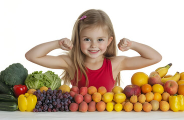 Happy girl flexing muscles with fresh fruits and vegetables, promoting healthy eating and nutrition for children.