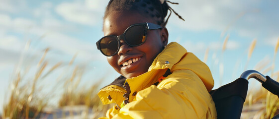 A happy young woman in a yellow jacket and sunglasses enjoys the beach scenery from her wheelchair, embodying joy and freedom.