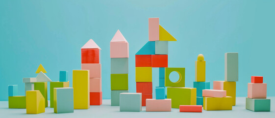Fototapeta premium Colorful wooden blocks are meticulously stacked to form a vibrant cityscape, set against a pastel blue background.