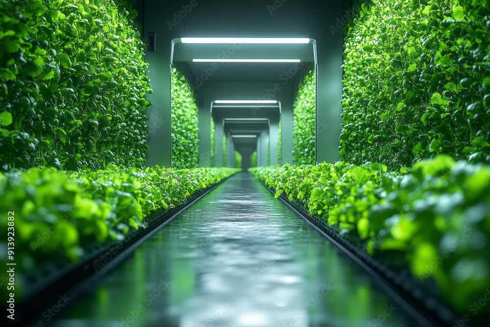 Poster abstract representation of a vertical farm with automated lighting and nutrient delivery systems,