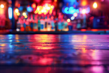 Wooden Bar Counter with Blurry Neon Lights.