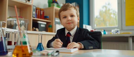 A confident boy in a suit is writing in a notebook in a classroom setting, surrounded by colorful educational tools, evoking a sense of youthful ambition.