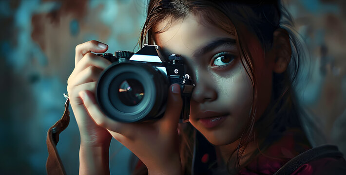 World photography day, girl takes photo with camera, professional hobby.
