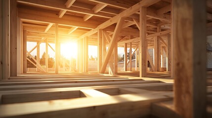 Naklejka premium New wooden frame construction of a house at sunset, golden sunlight casting through beams