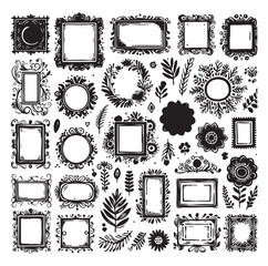 Hand drawn frames with wavy lines, silhouettes Vector illustration design.