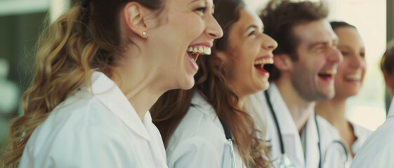 Fototapeta premium A group of joyful medical professionals in white coats laughing together, showcasing camaraderie and team spirit.