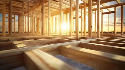 Naklejka premium New wooden frame construction of a house at sunset, golden sunlight casting through beams