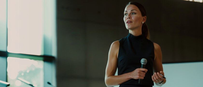 A woman in a sleek black dress holds a microphone confidently, poised to deliver a keynote speech in a modern, minimalist venue bathed in natural light.