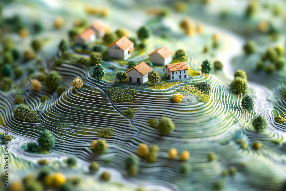 Poster artistic rendering of a digital map showing soil health and crop performance across a farm,