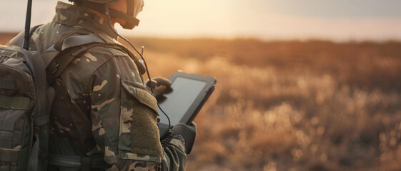 A soldier in camouflage gear using a tablet in an open field at sunset, highlighting technology and strategy in military operations.