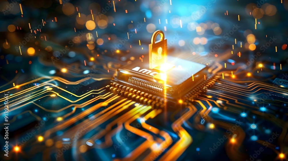 Poster cyber security concept with padlock on microchip.
