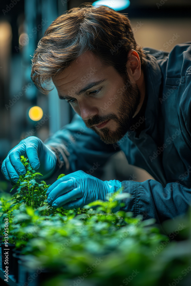 Poster clean and modern depiction of a biotechnologist analyzing the growth patterns of genetically modifie