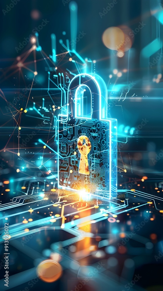 Poster digital security concept with padlock on circuit board.