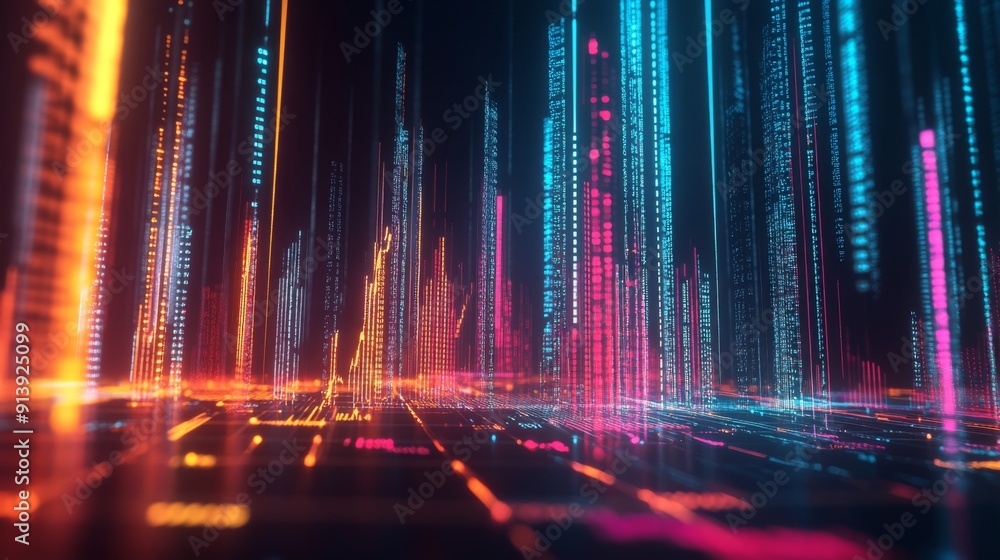 Poster Futuristic 3D financial graph with abstract elements and vibrant data representation.