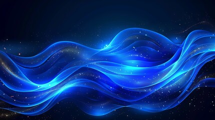 Glowing wave lines on a dark blue background create a dynamic, abstract pattern. This modern design features flowing, wavy lines that convey a futuristic technology concept.