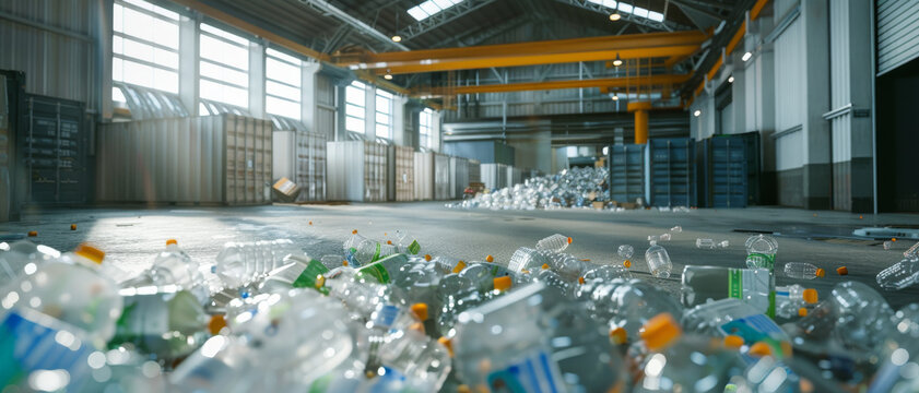 An industrial warehouse filled with plastic bottles; clean-up or recycling in progress under large overhead lights.
