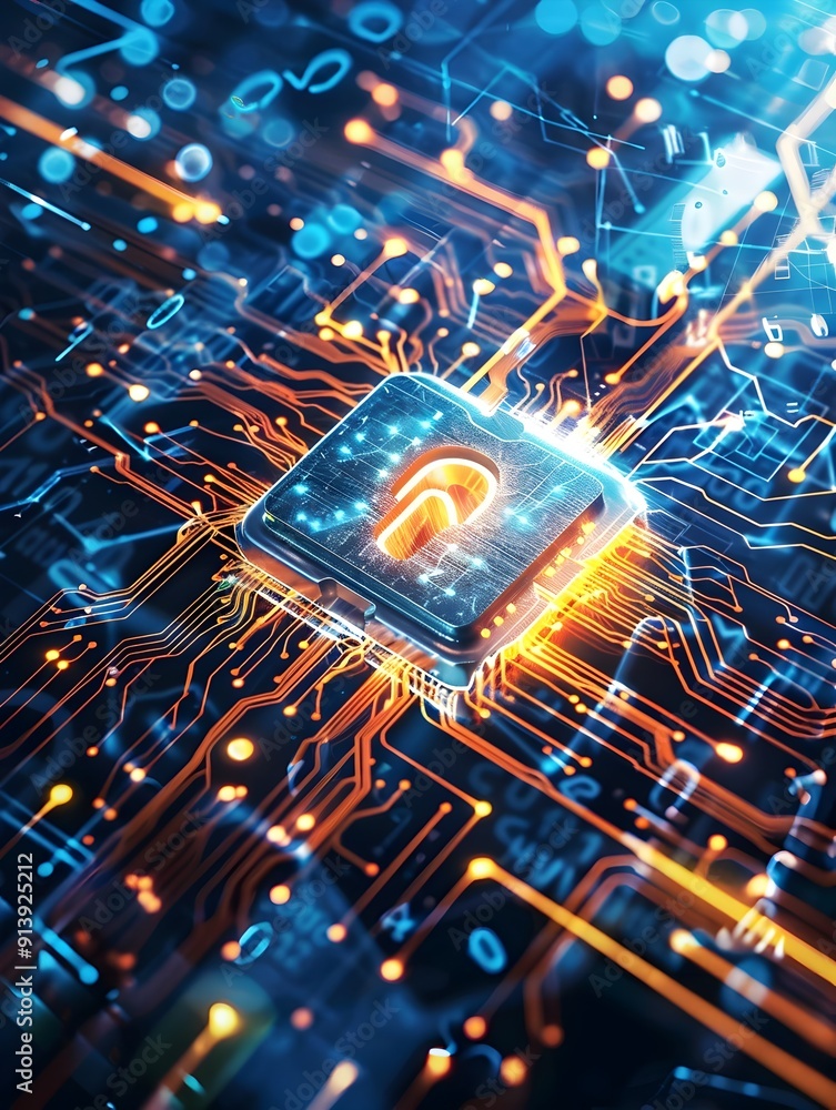 Poster digital security - cyber security - lock on circuit board.