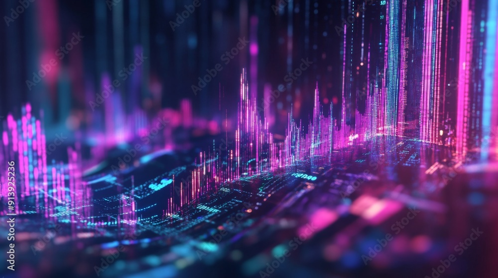 Poster Futuristic 3D financial graph with abstract elements and vibrant data representation.