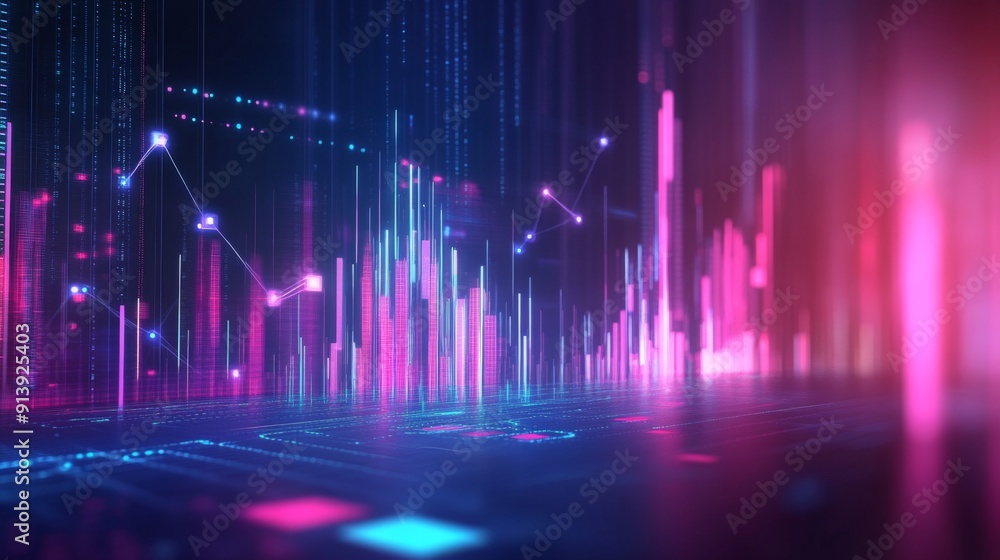 Poster futuristic 3d financial graph with abstract shapes and glowing data indicators.