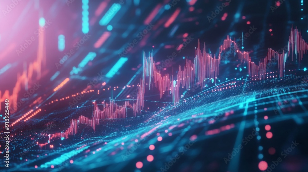 Poster Futuristic 3D financial graph with abstract elements and vibrant data representation.