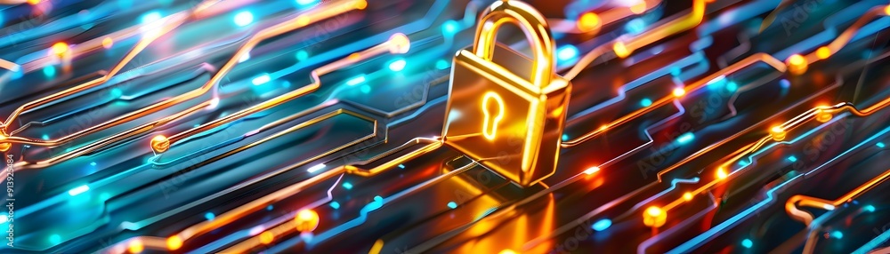Poster cyber security concept with golden lock on abstract circuit board.
