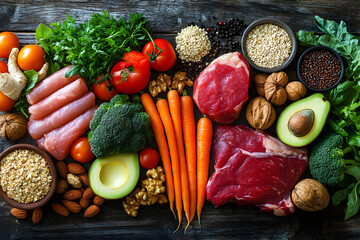 Vibrant assortment of fresh vegetables, fruits, and meats arranged beautifully on a wooden surface, perfect for healthy meal prep.