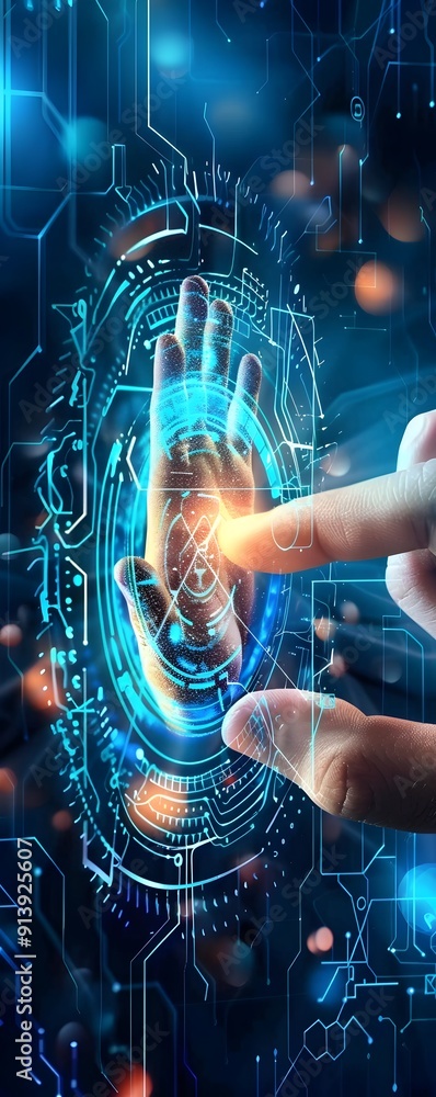 Poster fingerprint scanning with futuristic interface.