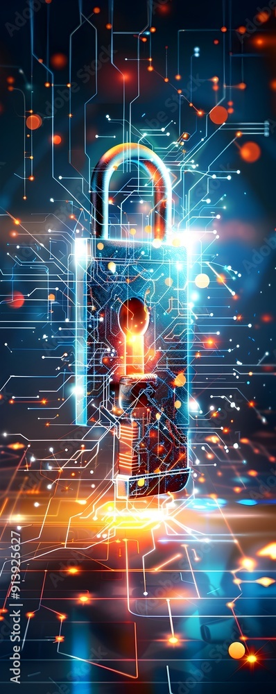 Poster cyber security concept with padlock and circuit board.