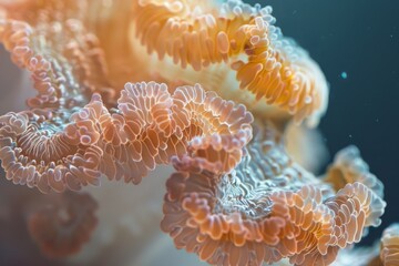 Delicate patterns and shapes of coral come alive under direct light, showcasing its intricate beauty. The vibrant colors and textures of the coral are magnified in this extreme close-up.