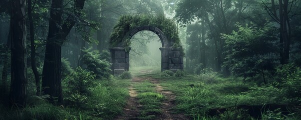 Obraz premium Mysterious forest path leading to a hidden clearing with ancient ruins, 4K hyperrealistic photo
