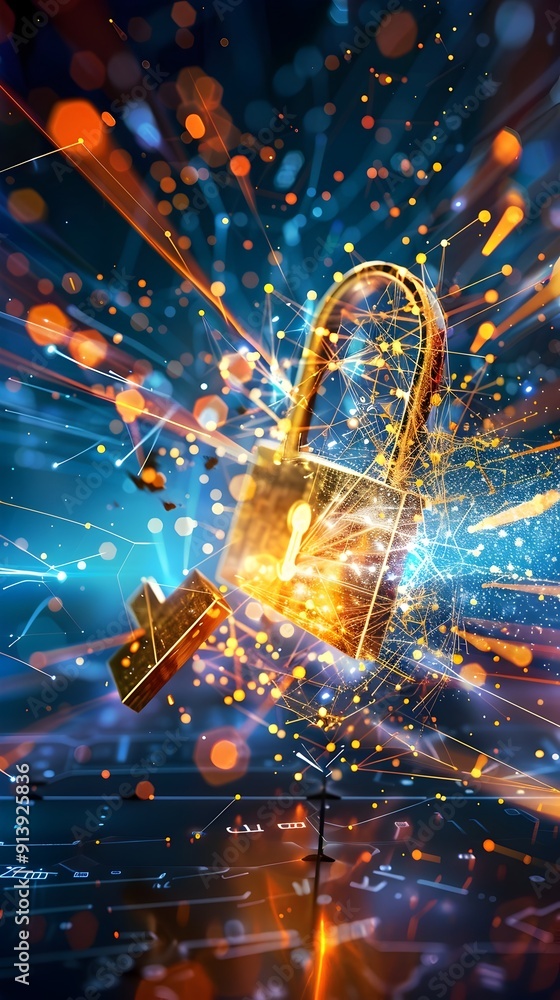 Poster cyber security concept with lock and network.