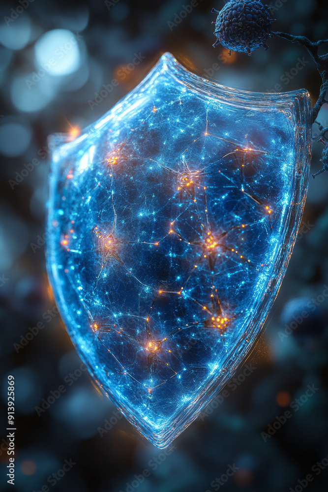 Poster artistic rendering of a digital shield protecting a network from cyber threats, with viruses bouncin