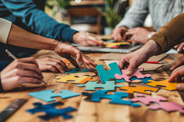 Obraz premium Close-up of a business team's hands assembling puzzle pieces