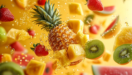 Vibrant fruit explosion featuring pineapple, strawberries, kiwi, and watermelon against a bright yellow background.